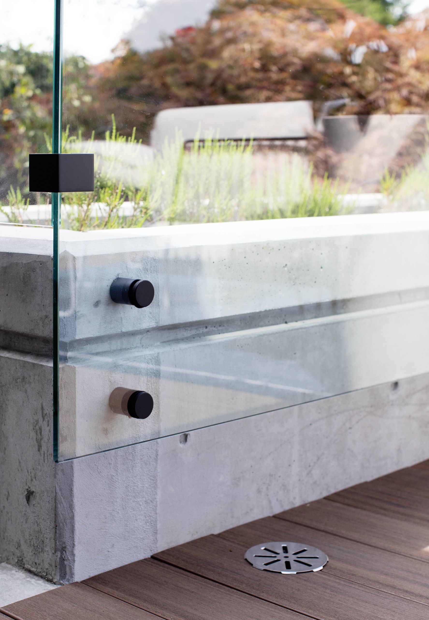 Frameless glass guard clamped to the board-formed concrete parapet of the roof deck