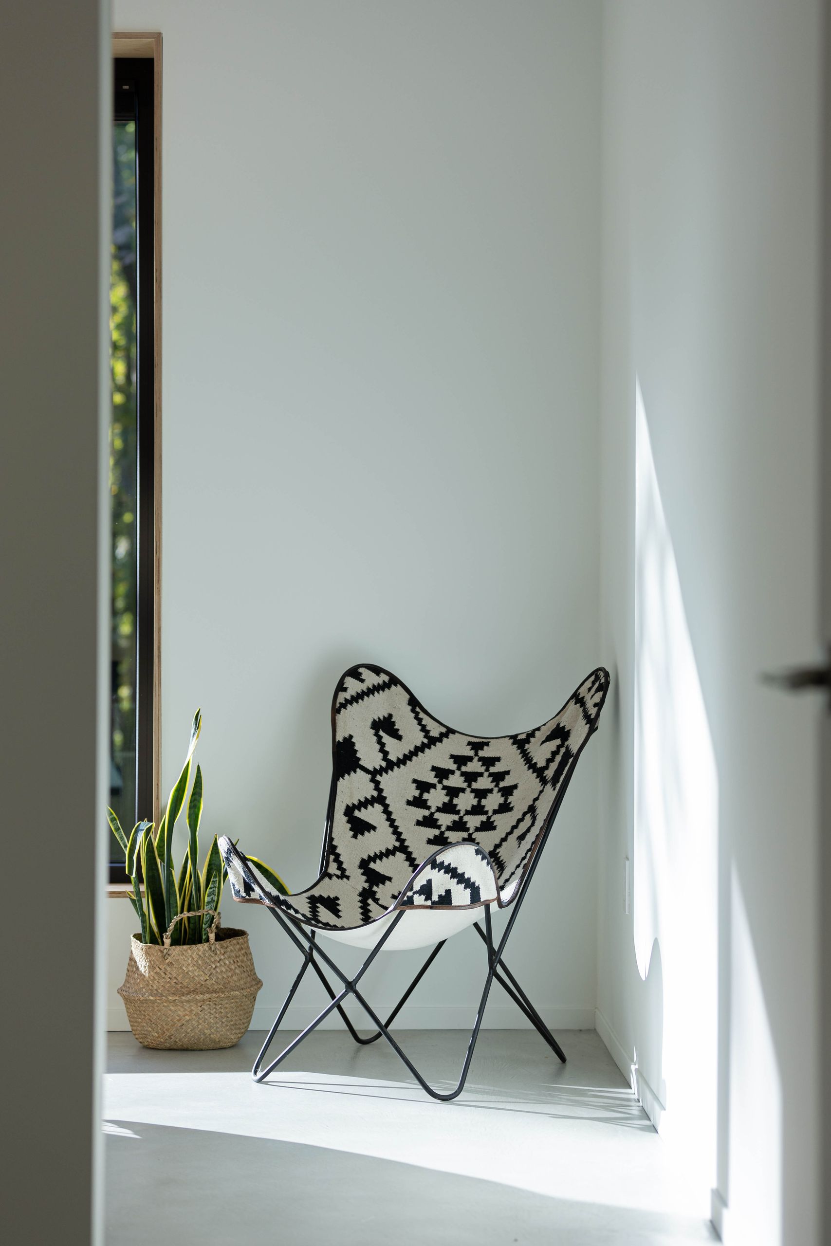 Kilim butterfly chair beside a snake plant in a seagrass basket