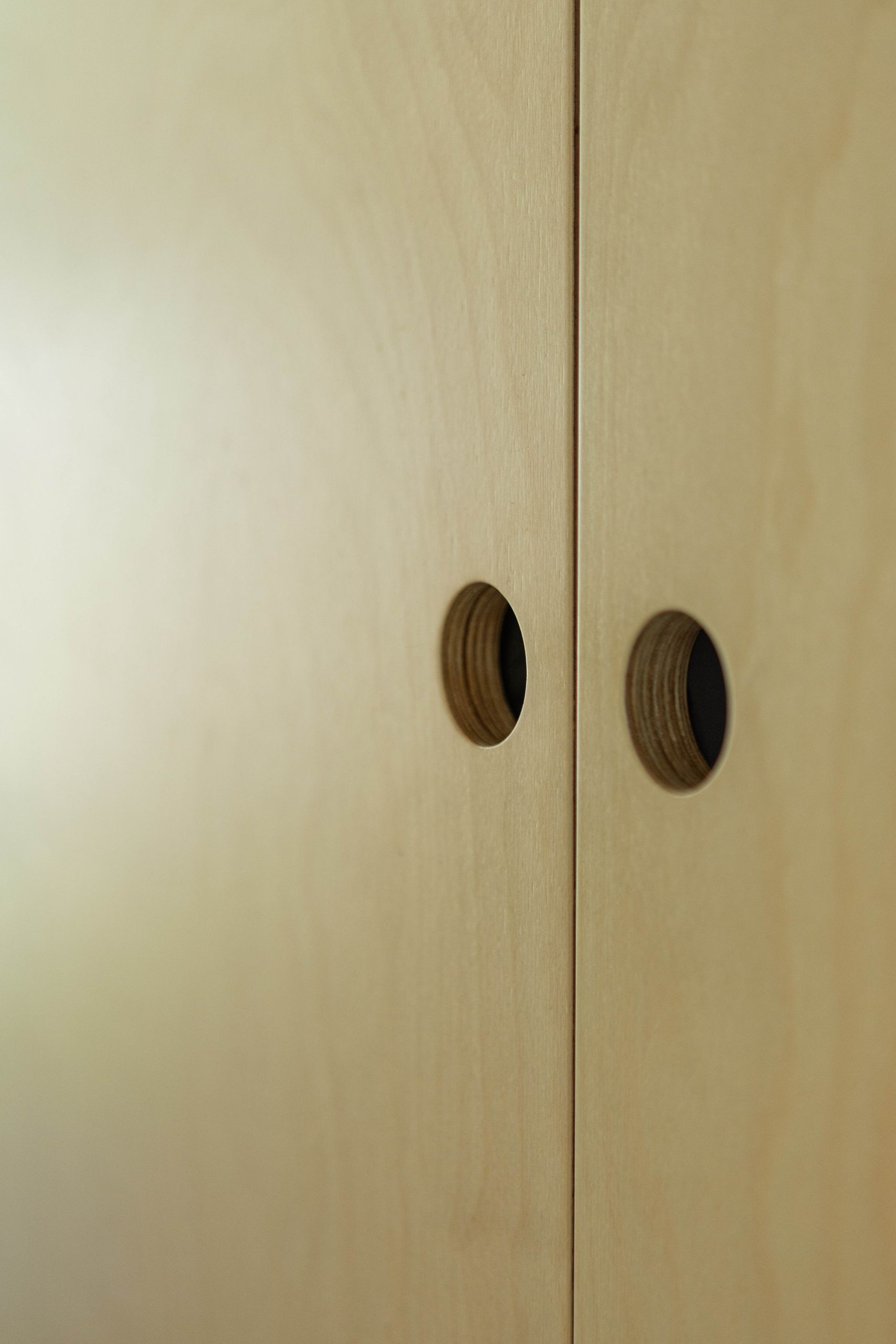 Detail of the circular finger pulls cut into the birch plywood cabinet doors
